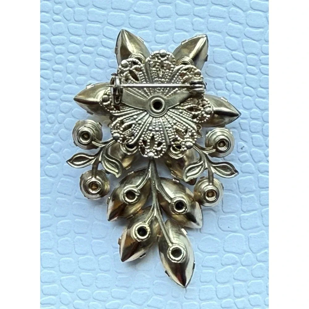 Vintage Warm Tone Rhinestone Floral Brooch Amber Cream Soda Crushed Ice Glass